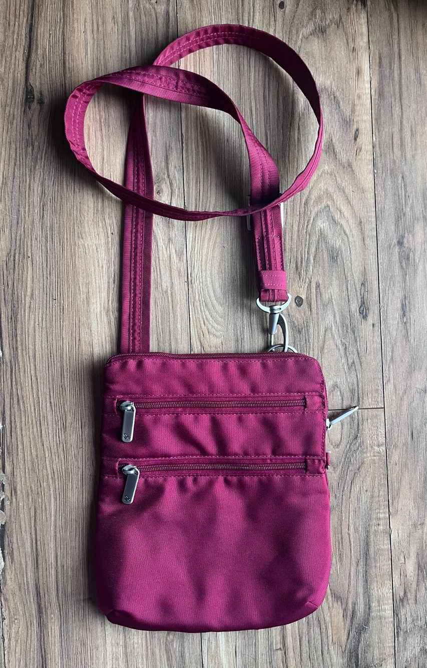 Travelon Anti-Theft Classic Slim Double Zip Crossbody 8x10.5 RFID Burgundy Pink